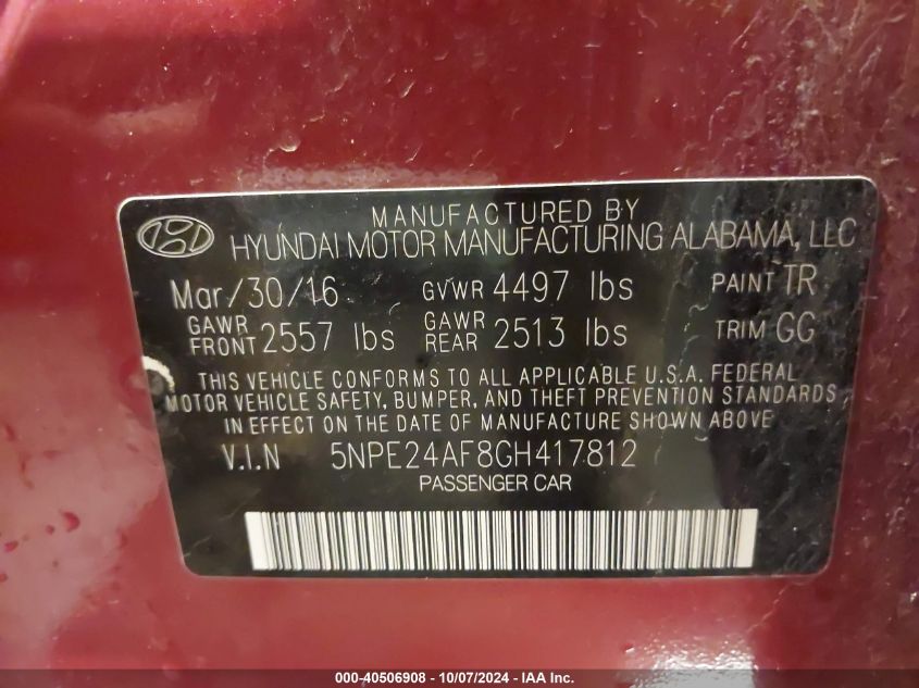 5NPE24AF8GH417812 2016 Hyundai Sonata Se