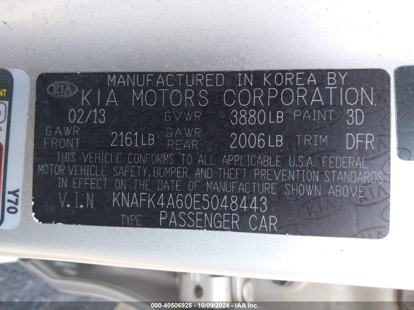 KNAFK4A60E5048443 2014 Kia Forte Lx