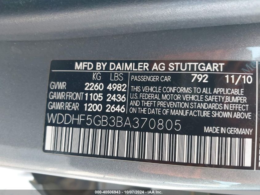 WDDHF5GB3BA370805 2011 Mercedes-Benz E 350