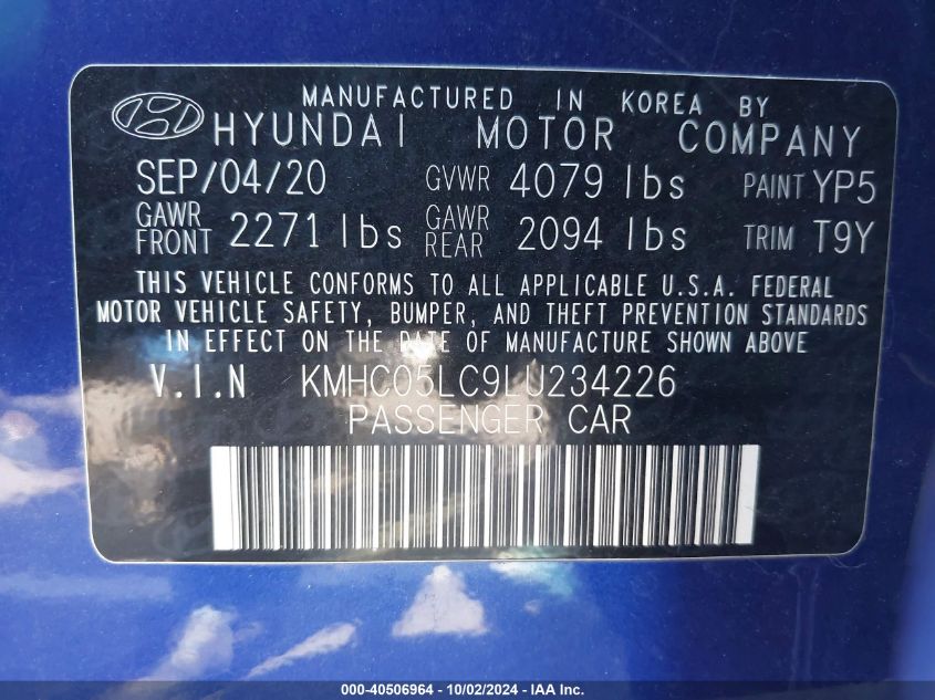 2020 Hyundai Ioniq Hybrid Limited VIN: KMHC05LC9LU234226 Lot: 40506964