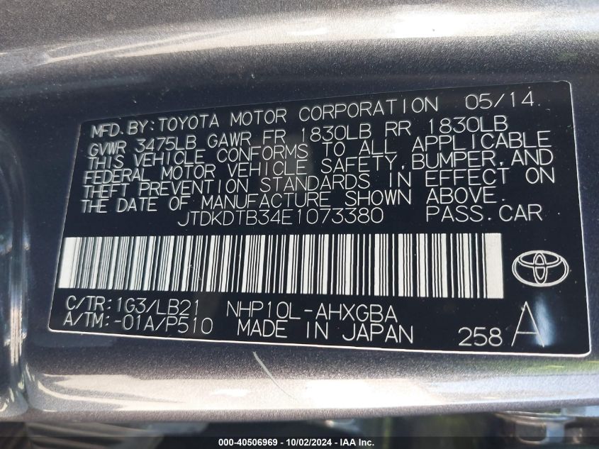 JTDKDTB34E1073380 2014 Toyota Prius C Four