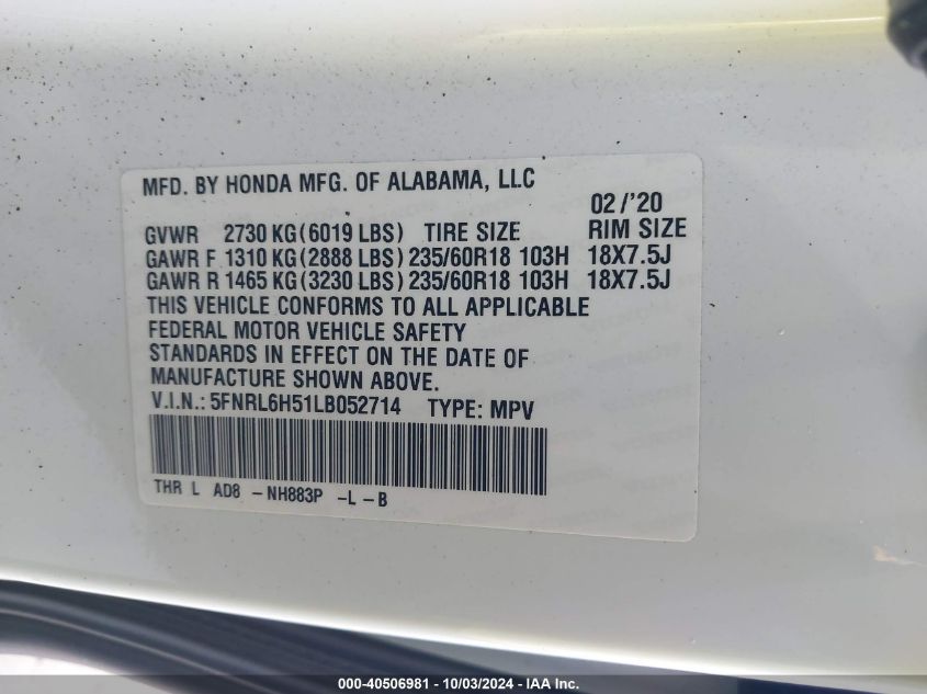 2020 Honda Odyssey Ex VIN: 5FNRL6H51LB052714 Lot: 40506981