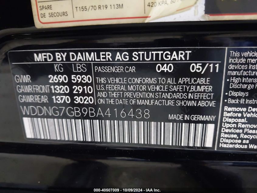 WDDNG7GB9BA416438 2011 Mercedes-Benz S S600