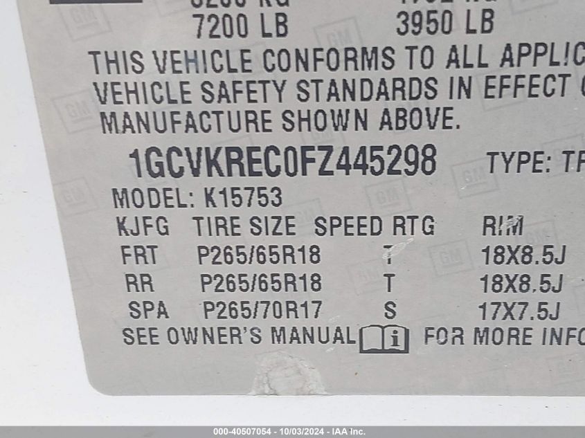 1GCVKREC0FZ445298 2015 Chevrolet Silverado 1500 1Lt