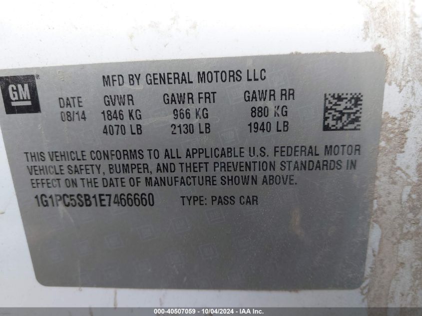 1G1PC5SB1E7466660 2014 Chevrolet Cruze 1Lt Auto