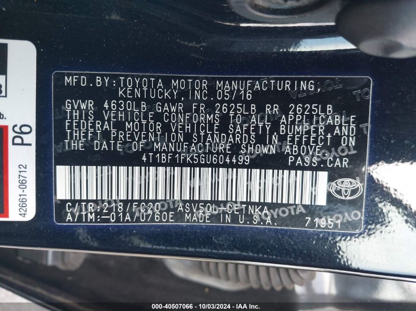 4T1BF1FK5GU604499 2016 Toyota Camry Le