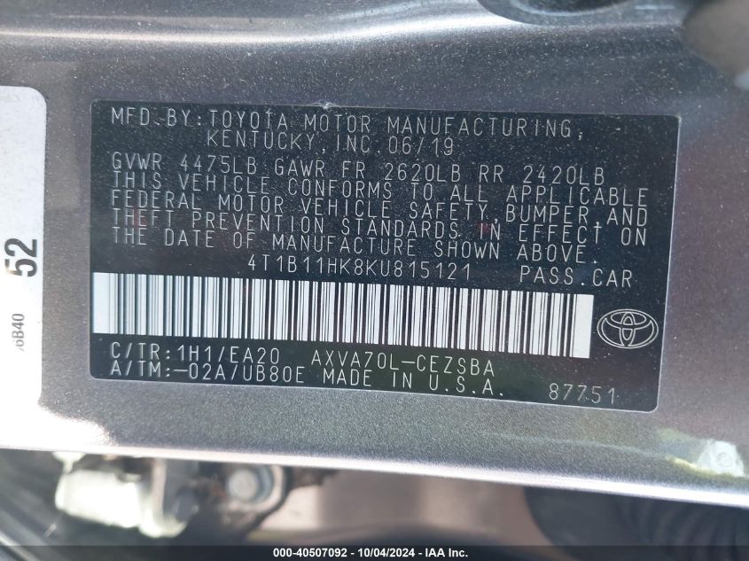 4T1B11HK8KU815121 2019 Toyota Camry Se