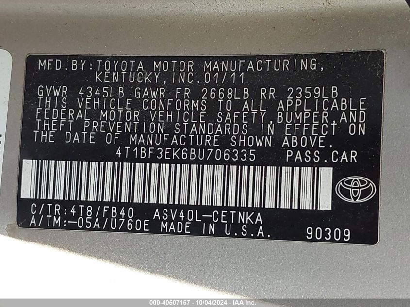 4T1BF3EK6BU706335 2011 Toyota Camry Le