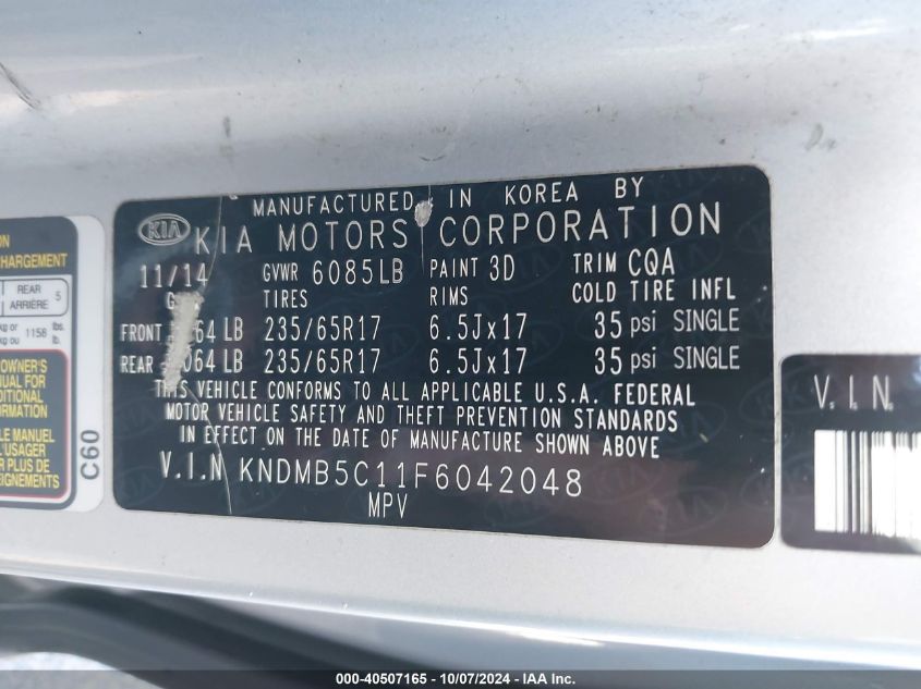 2015 Kia Sedona Lx VIN: KNDMB5C11F6042048 Lot: 40507165