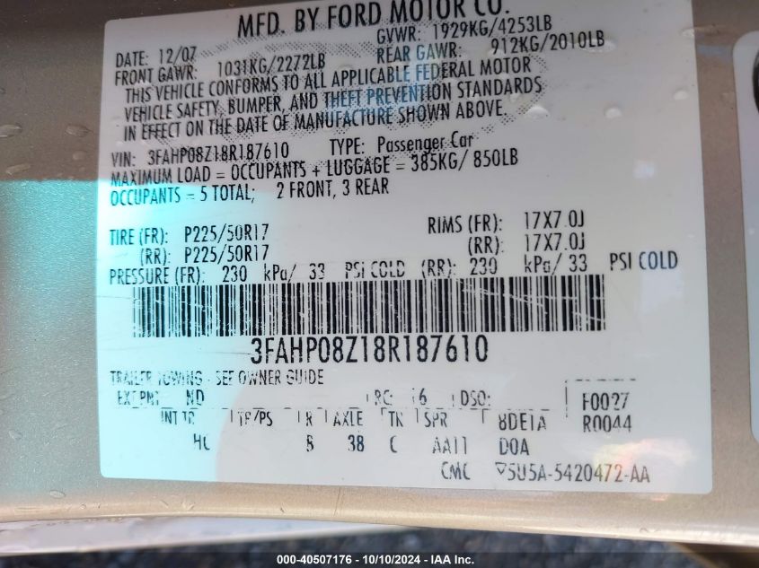 3FAHP08Z18R187610 2008 Ford Fusion Sel