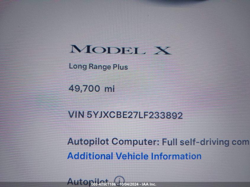 2020 Tesla Model X Long Range Dual Motor All-Wheel Drive/Long Range Plus Dual Motor All-Wheel Drive VIN: 5YJXCBE27LF233892 Lot: 40507186