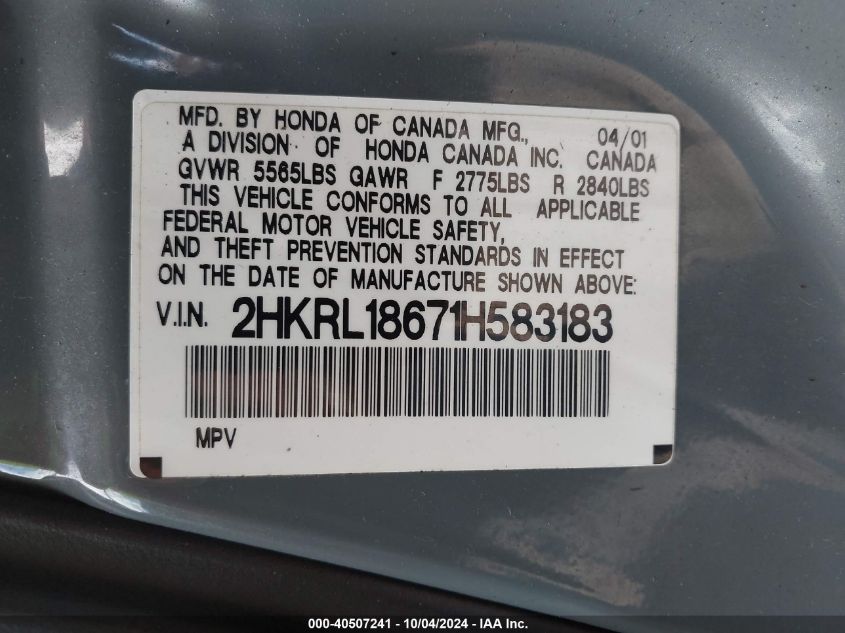 2HKRL18671H583183 2001 Honda Odyssey Ex