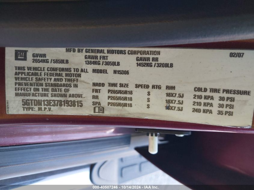 2007 Hummer H3 Suv VIN: 5GTDN13E378193815 Lot: 40507246