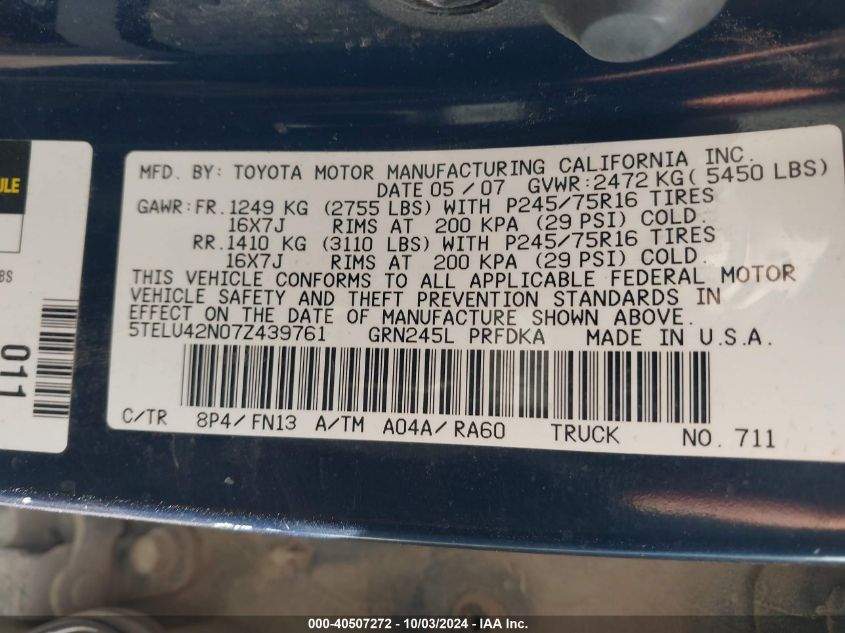 2007 Toyota Tacoma Base V6 VIN: 5TELU42N07Z439761 Lot: 40507272