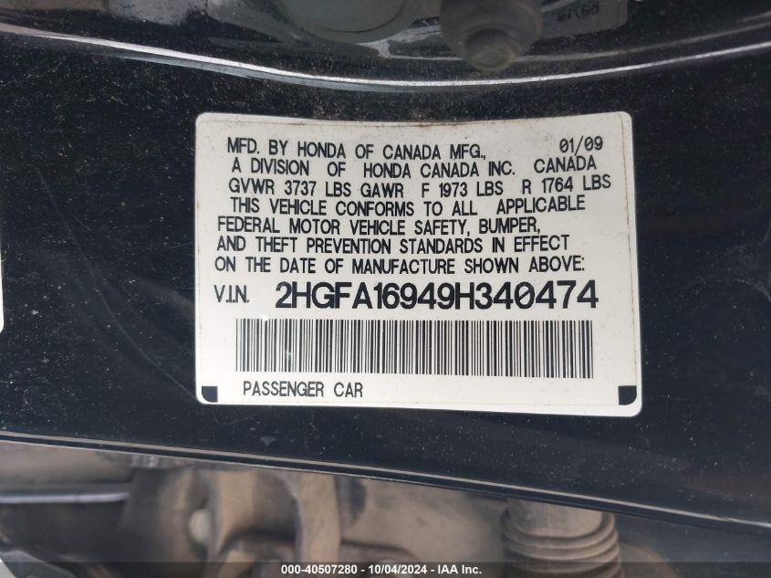 2HGFA16949H340474 2009 Honda Civic Ex-L