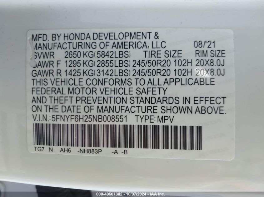 2022 Honda Pilot Se VIN: 5FNYF6H25NB008551 Lot: 40507382