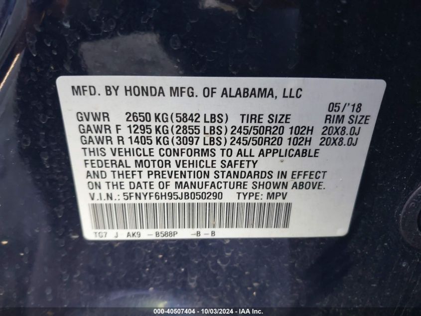 5FNYF6H95JB050290 2018 Honda Pilot Touring