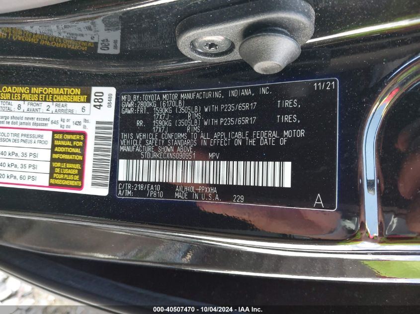 5TDJRKECXNS090951 2022 Toyota Sienna Xle