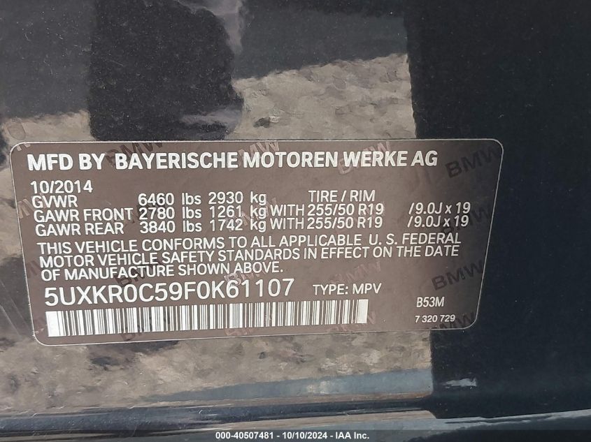 2015 BMW X5 xDrive35I VIN: 5UXKR0C59F0K61107 Lot: 40507481