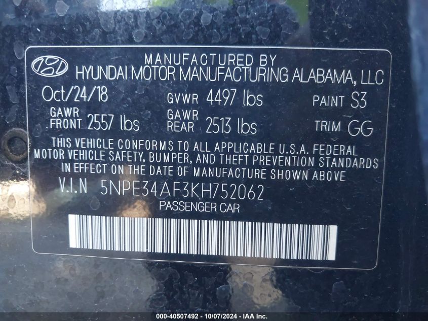 5NPE34AF3KH752062 2019 Hyundai Sonata Sel