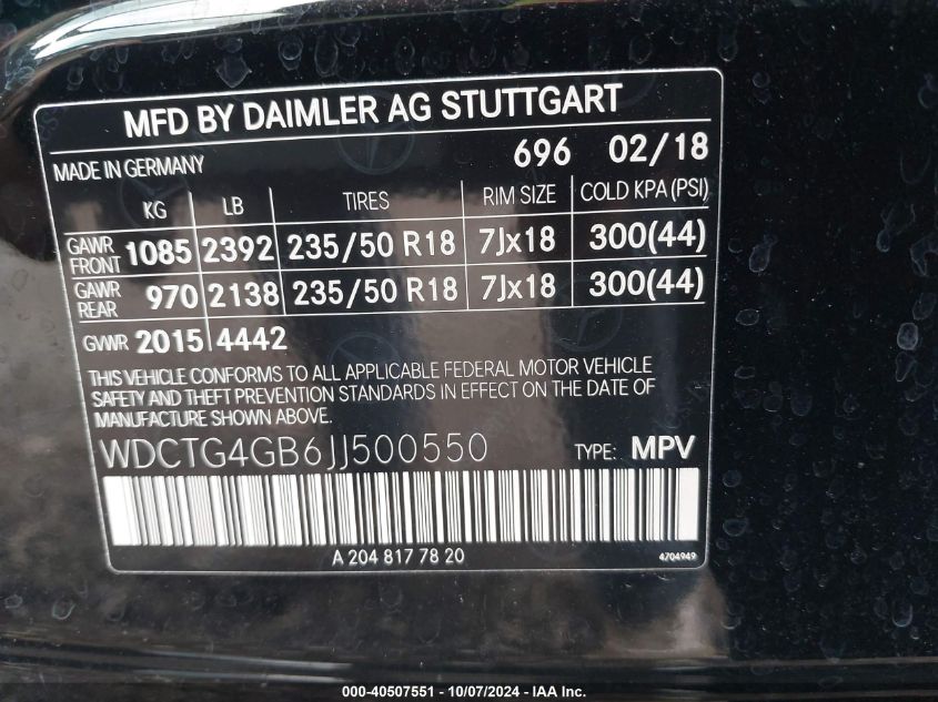 WDCTG4GB6JJ500550 2018 Mercedes-Benz Gla 250 4Matic