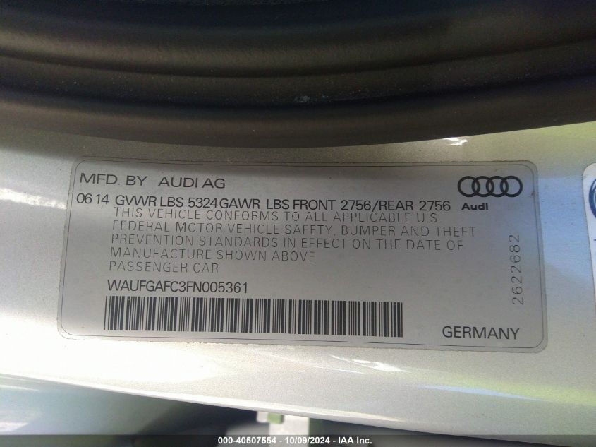 2015 Audi A6 Premium Plus VIN: WAUFGAFC3FN005361 Lot: 40507554