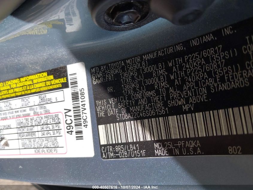 5TDBA22C46S061561 2006 Toyota Sienna Xle