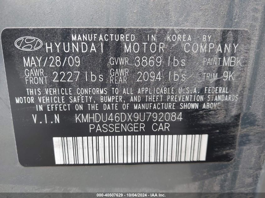 KMHDU46DX9U792084 2009 Hyundai Elantra Gls