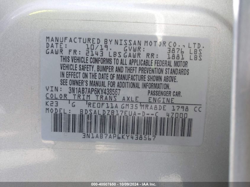 3N1AB7AP6KY438567 2019 Nissan Sentra Sv