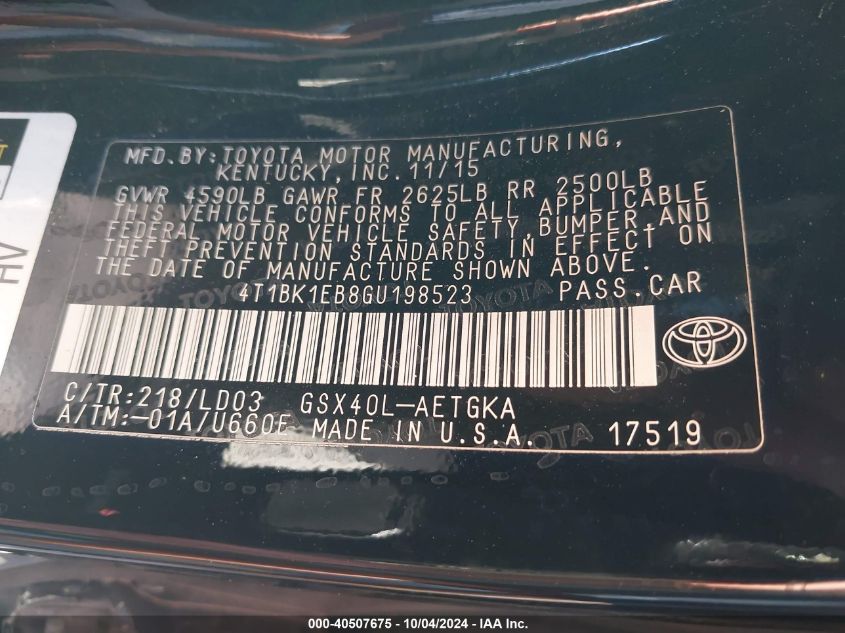 4T1BK1EB8GU198523 2016 Toyota Avalon Xle