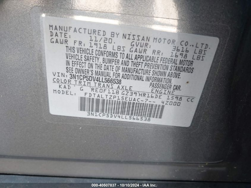 3N1CP5DV4LL566538 2020 Nissan Kicks Sr Xtronic Cvt