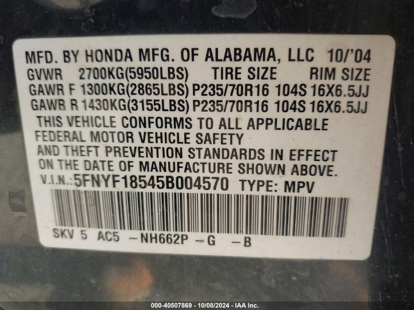 2005 Honda Pilot Ex-L VIN: 5FNYF18545B004570 Lot: 40507869