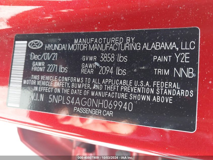 5NPLS4AG0NH069940 2022 Hyundai Elantra Sel