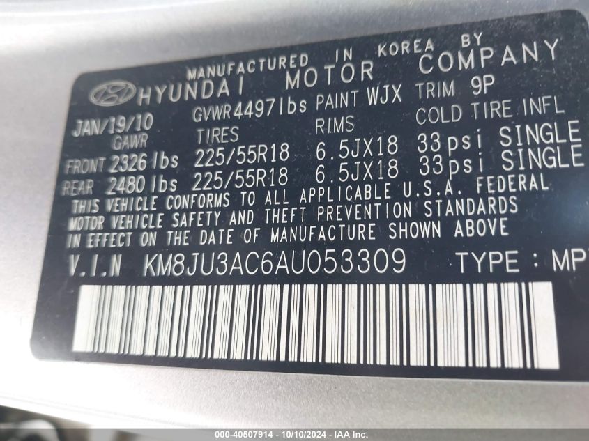 KM8JU3AC6AU053309 2010 Hyundai Tucson Limited