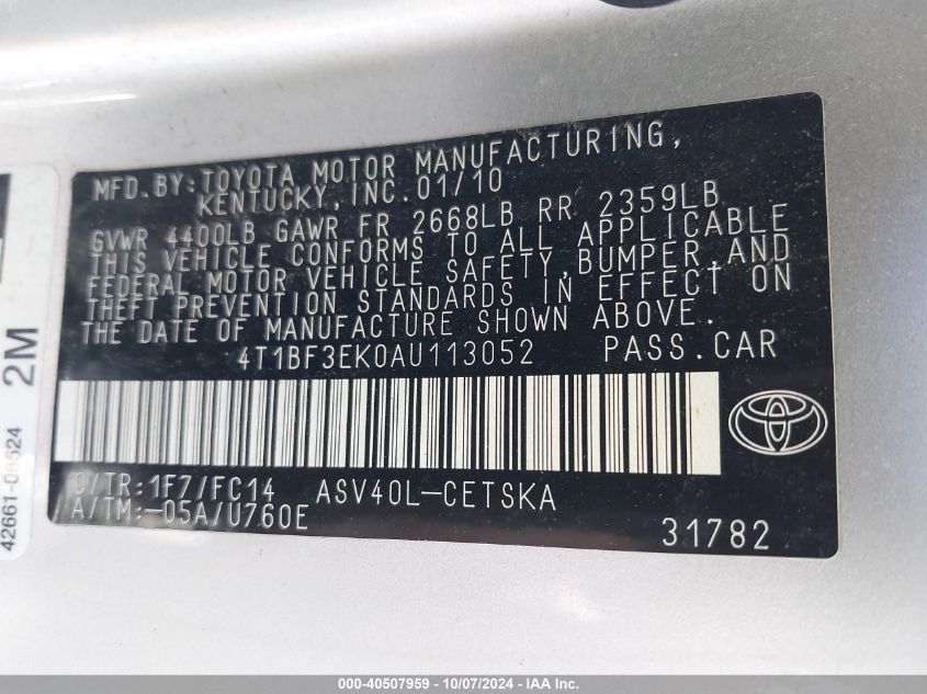 4T1BF3EK0AU113052 2010 Toyota Camry Se/Le/Xle