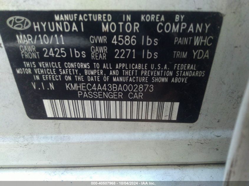 KMHEC4A43BA002873 2011 Hyundai Sonata Hybrid