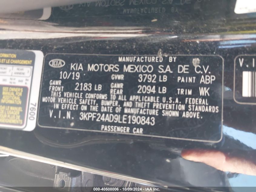 3KPF24AD9LE190843 2020 Kia Forte Fe/Lxs