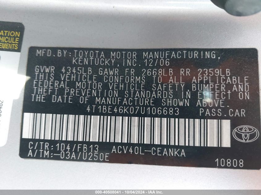 4T1BE46K07U106683 2007 Toyota Camry Ce