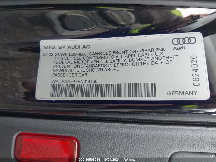 2023 Audi A4 Premium Plus 45 Tfsi S Line Quattro S Tronic VIN: WAUEAAF47PN014166 Lot: 40508059