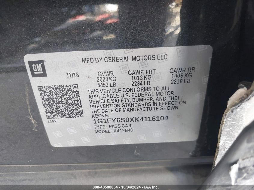 1G1FY6S0XK4116104 2019 Chevrolet Bolt Ev Lt