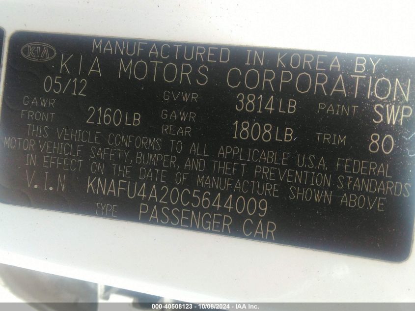 KNAFU4A20C5644009 2012 Kia Forte Ex