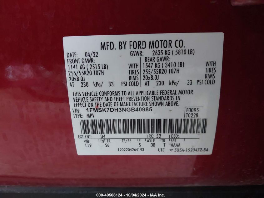 1FMSK7DH3NGB40985 2022 Ford Explorer Xlt