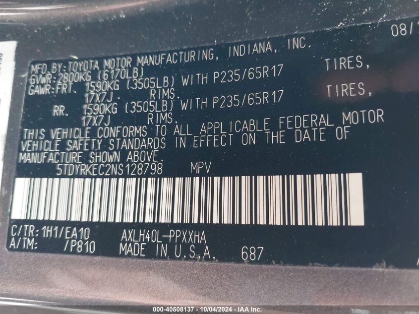 5TDYRKEC2NS128798 2022 Toyota Sienna Xle