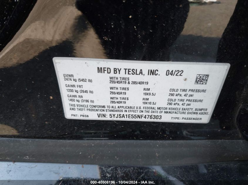 2022 Tesla Model S Dual Motor All-Wheel Drive VIN: 5YJSA1E55NF476303 Lot: 40508196