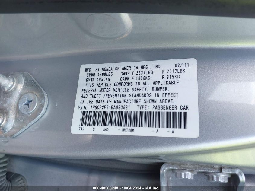 1HGCP2F31BA093891 2011 Honda Accord 2.4 Lx