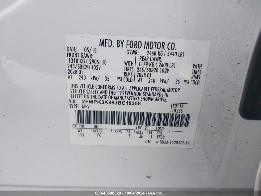 2FMPK3K88JBC18356 2018 Ford Edge Titanium