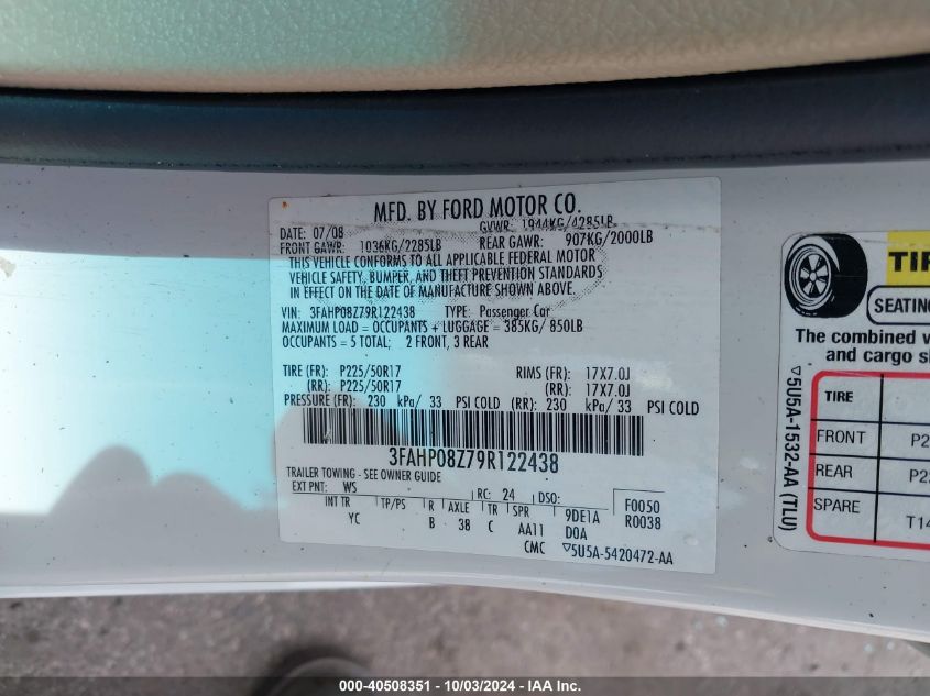 2009 Ford Fusion Sel VIN: 3FAHP08Z79R122438 Lot: 40508351