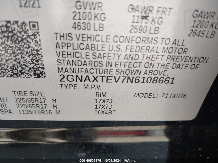 2GNAXTEV7N6108661 2022 Chevrolet Equinox Awd 2Fl