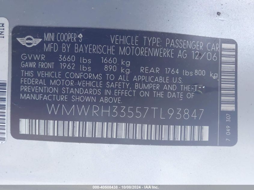 2007 Mini Cooper S VIN: WMWRH33557TL93847 Lot: 40508438