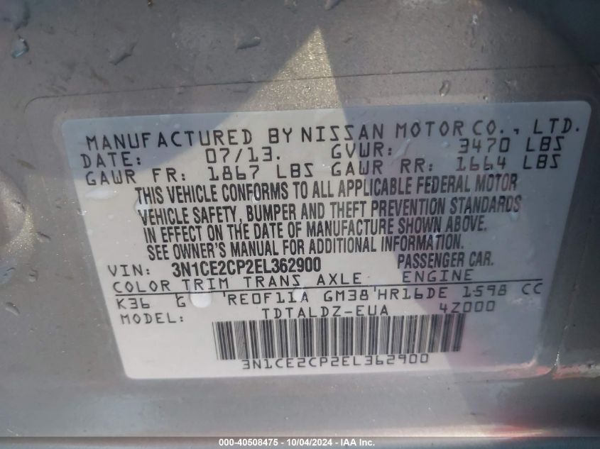 3N1CE2CP2EL362900 2014 Nissan Versa Note Sv